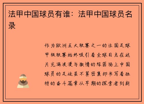 法甲中国球员有谁：法甲中国球员名录