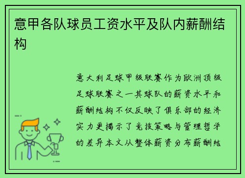 意甲各队球员工资水平及队内薪酬结构