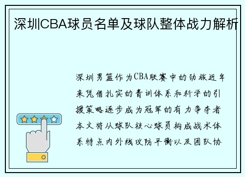 深圳CBA球员名单及球队整体战力解析